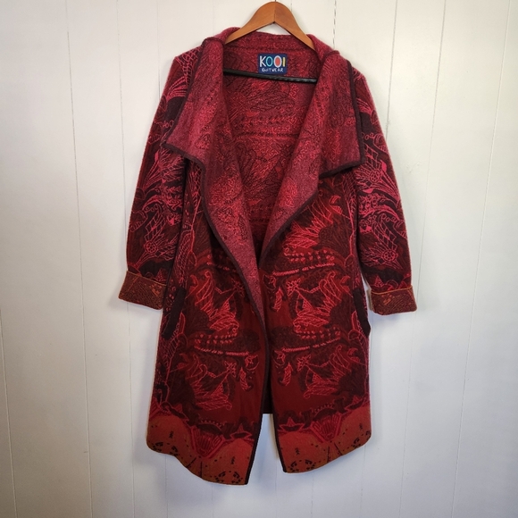 KOOI Knit Long Cardigan Sweater Red Draped Collar Lambswool Pockets Size Medium - Picture 2 of 13